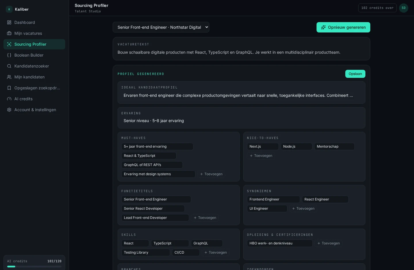 Echte printscreen van de Sourcing Profiler in Kaliber met een gegenereerd kandidaatprofiel