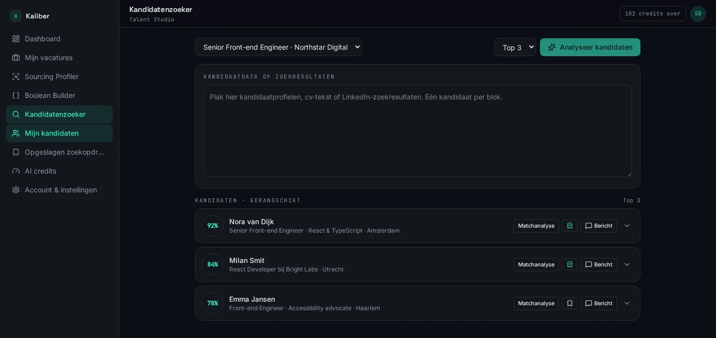 Echte printscreen van de Kandidatenzoeker in Kaliber met drie gerangschikte kandidaten